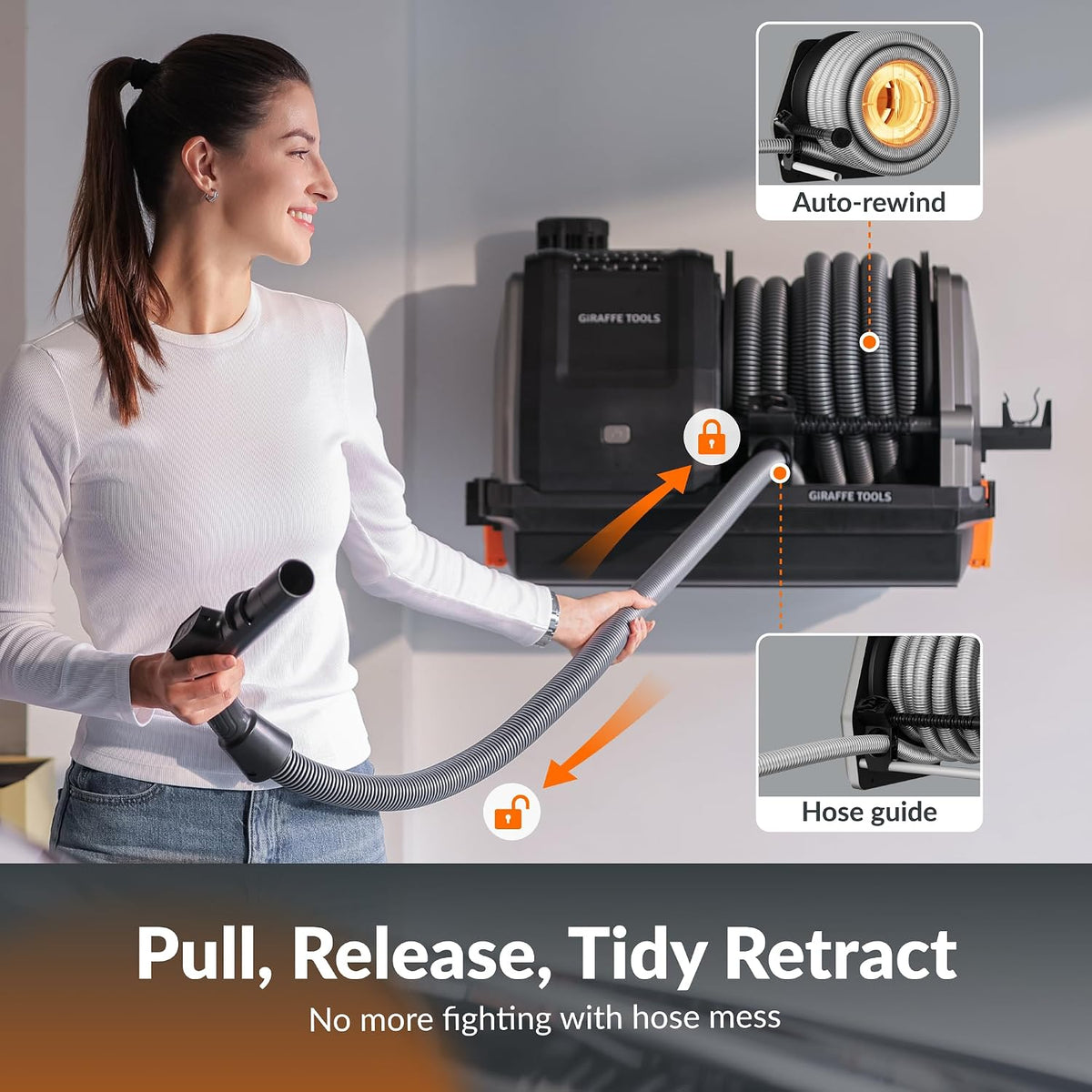Giraffe Tools - Grandstorm Retractable Vacuum Cleaner, Garage Mount, Grey