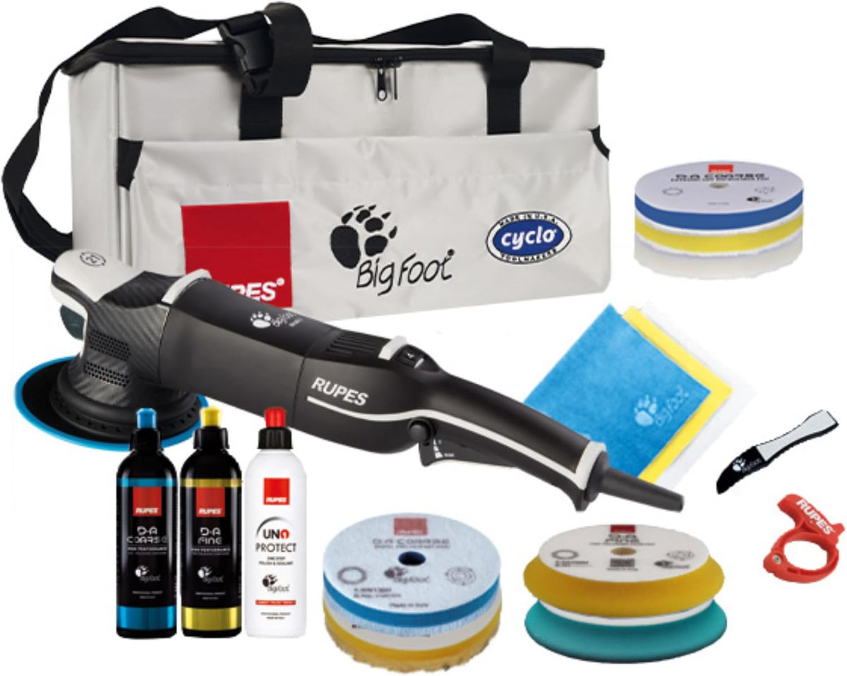 Rupes - Bigfoot LHR21 Mark V Random Orbital Complete Polishing Kit | Includes D-A High Performance Polishing Pads, Compounds, Cloths, Claw Pad, Cable Clamp, Apron, & Tool Bag | Precisionpro Pad