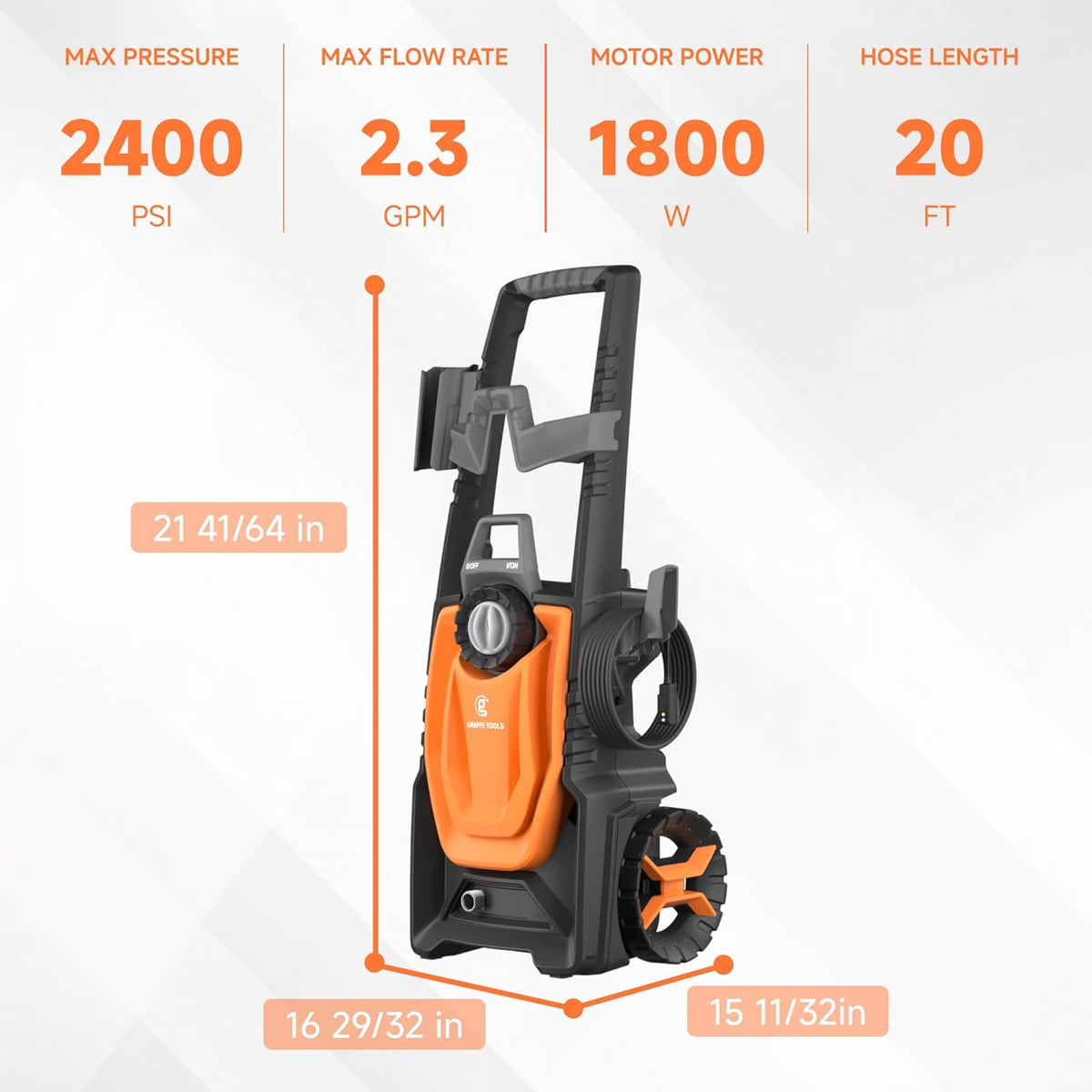 Giraffe Tools - Electric High Pressure Washer, Max 2400 PSI, 2.3 GPM Power Washer Portable, 20+32 Ft