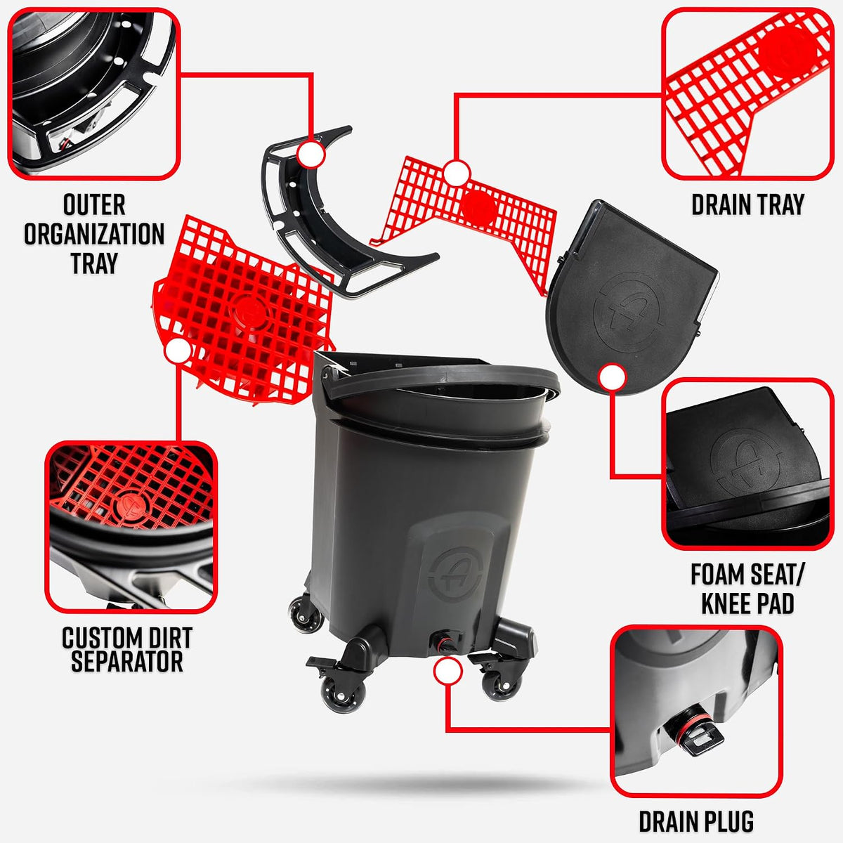 Adam's Polishes  Double Complete Premium Detailing Bucket - Car Wash Bucket with Grit Guard, Seat Pad, Organization Rack, Drain Plug, 2 Locking Wheels | Innovative Detail 5 Gallon Bucket Kit System