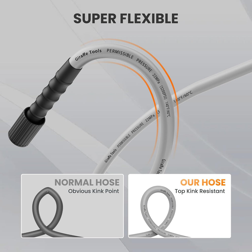 Giraffe Tools - Pressure Washer Hose 50FT 1/4", 3200 PSI Power Washer Hose for Replacement, Kink Resistant High Pressure Washing Hose Extension with M22-14Mm Fittings, 2 Quick Connectors