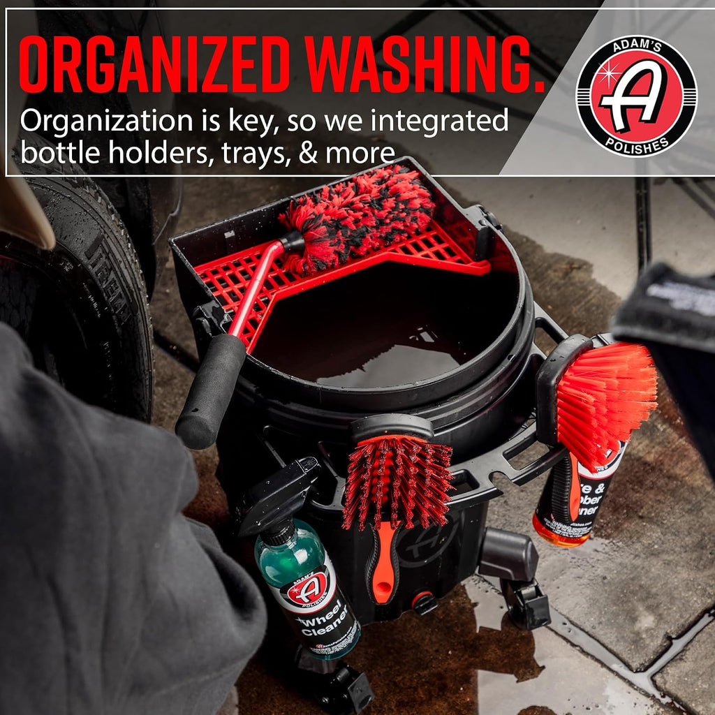 Adam's Polishes  Double Complete Premium Detailing Bucket - Car Wash Bucket with Grit Guard, Seat Pad, Organization Rack, Drain Plug, 2 Locking Wheels | Innovative Detail 5 Gallon Bucket Kit System