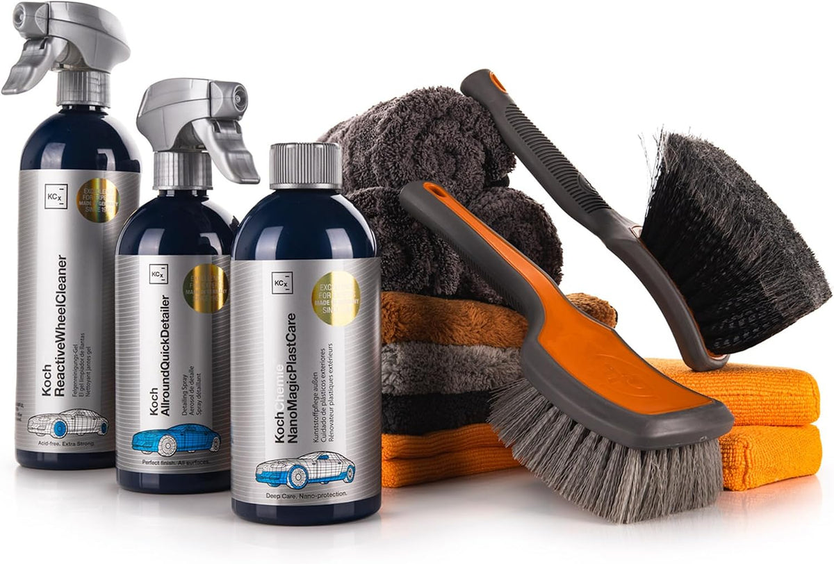 - Complete Wheel & Tire Cleaning Kit - Includes Wheel Cleaner, Exterior Detailing Sprays, Microfiber Towels, Brushes, Applicators - 15 Piece Kit