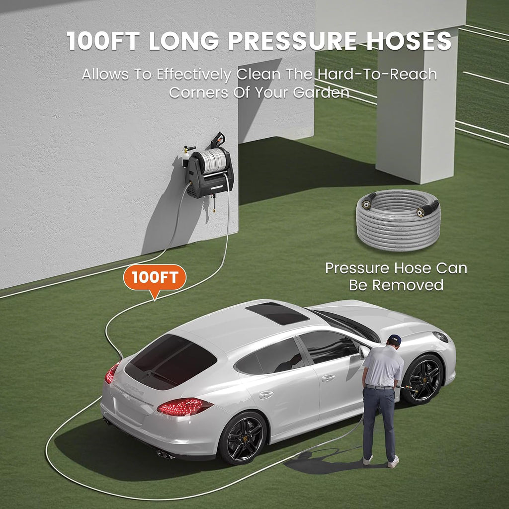 Giraffe Tools - Retractable Wall Mounted Pressure Washer plus with 100FT Hose