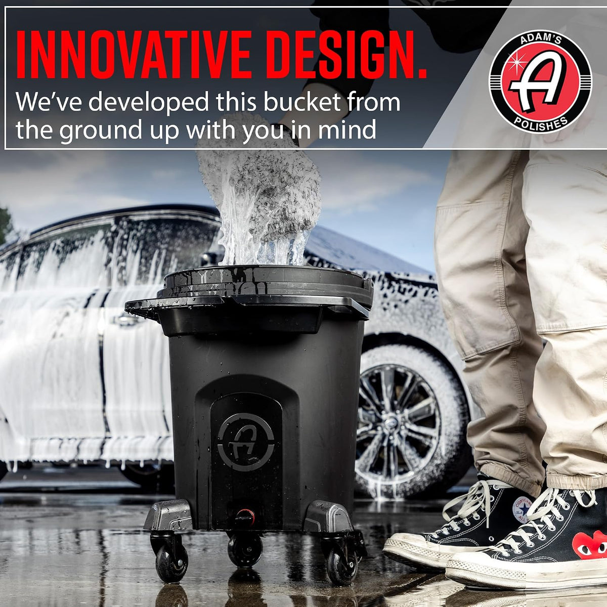 Adam's Polishes  Double Complete Premium Detailing Bucket - Car Wash Bucket with Grit Guard, Seat Pad, Organization Rack, Drain Plug, 2 Locking Wheels | Innovative Detail 5 Gallon Bucket Kit System