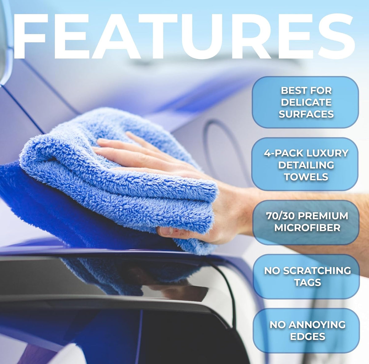 Microfiber Detailing Towels, 16In X 16In, Blue