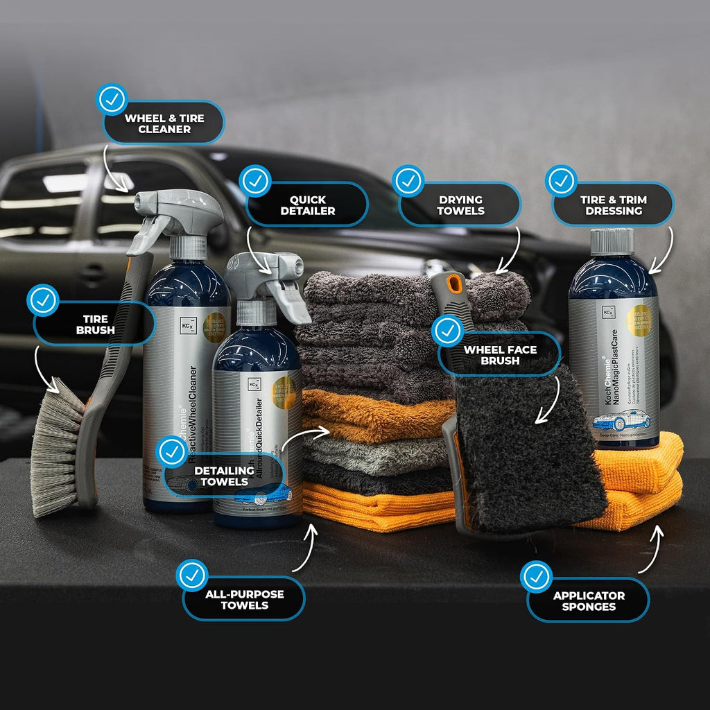 - Complete Wheel & Tire Cleaning Kit - Includes Wheel Cleaner, Exterior Detailing Sprays, Microfiber Towels, Brushes, Applicators - 15 Piece Kit