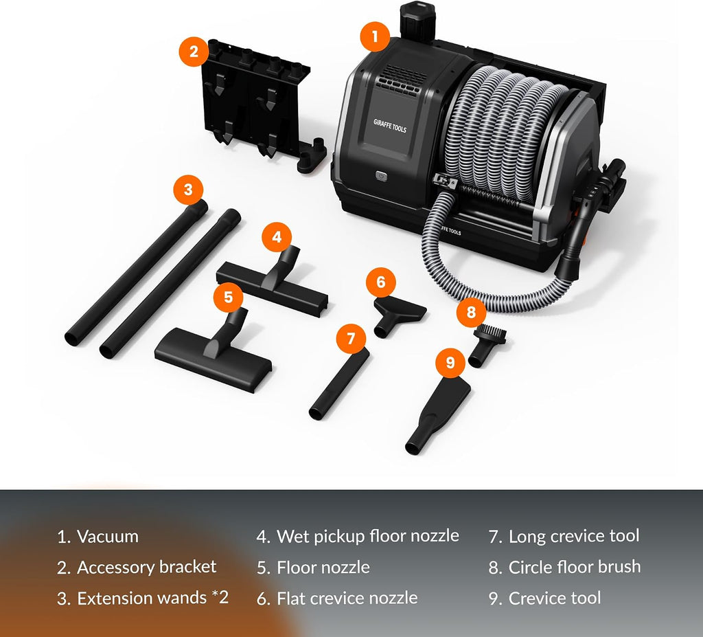 Giraffe Tools - Grandstorm Retractable Vacuum Cleaner, Garage Mount, Grey