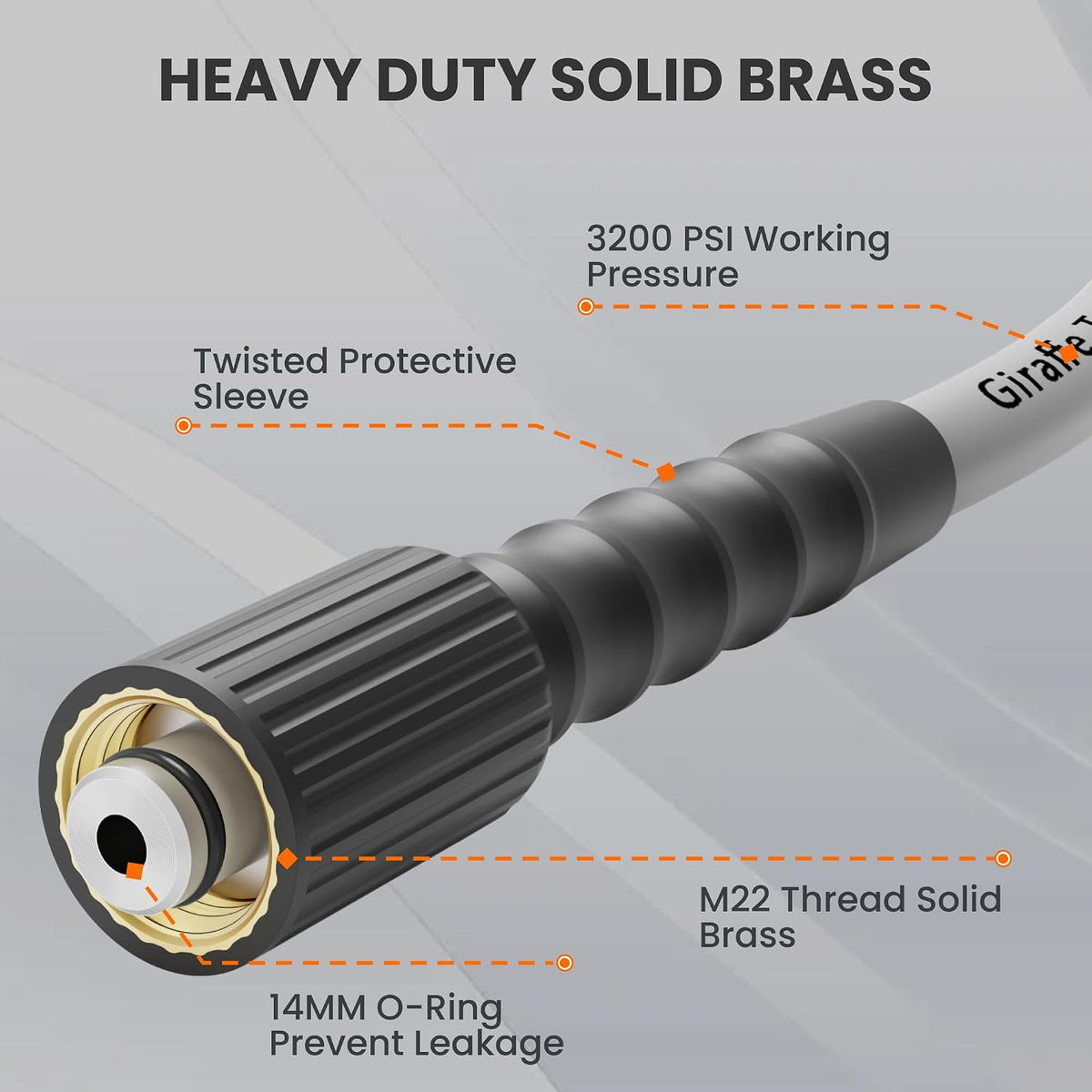 Giraffe Tools - Pressure Washer Hose 50FT 1/4", 3200 PSI Power Washer Hose for Replacement, Kink Resistant High Pressure Washing Hose Extension with M22-14Mm Fittings, 2 Quick Connectors