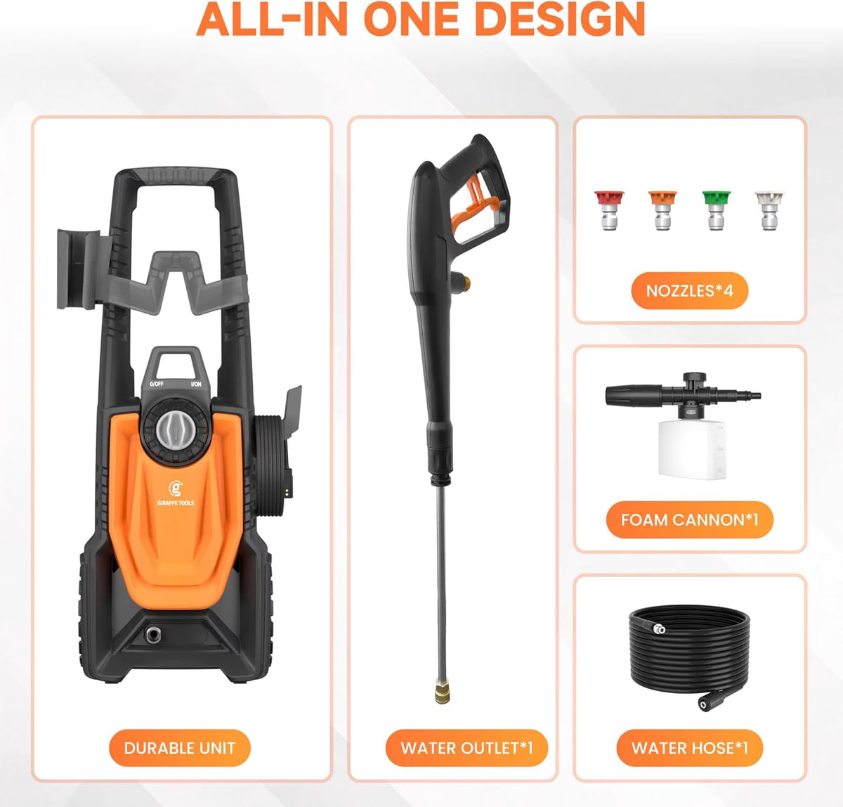 Giraffe Tools - Electric High Pressure Washer, Max 2400 PSI, 2.3 GPM Power Washer Portable, 20+32 Ft