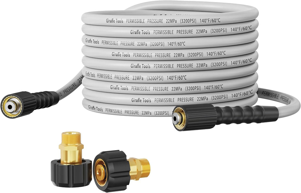 Giraffe Tools - Pressure Washer Hose 50FT 1/4", 3200 PSI Power Washer Hose for Replacement, Kink Resistant High Pressure Washing Hose Extension with M22-14Mm Fittings, 2 Quick Connectors