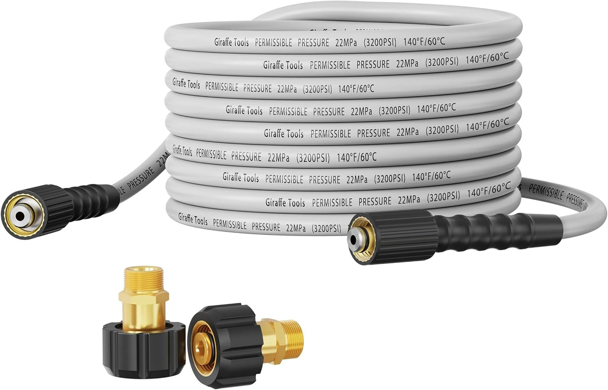Giraffe Tools - Pressure Washer Hose 50FT 1/4", 3200 PSI Power Washer Hose for Replacement, Kink Resistant High Pressure Washing Hose Extension with M22-14Mm Fittings, 2 Quick Connectors