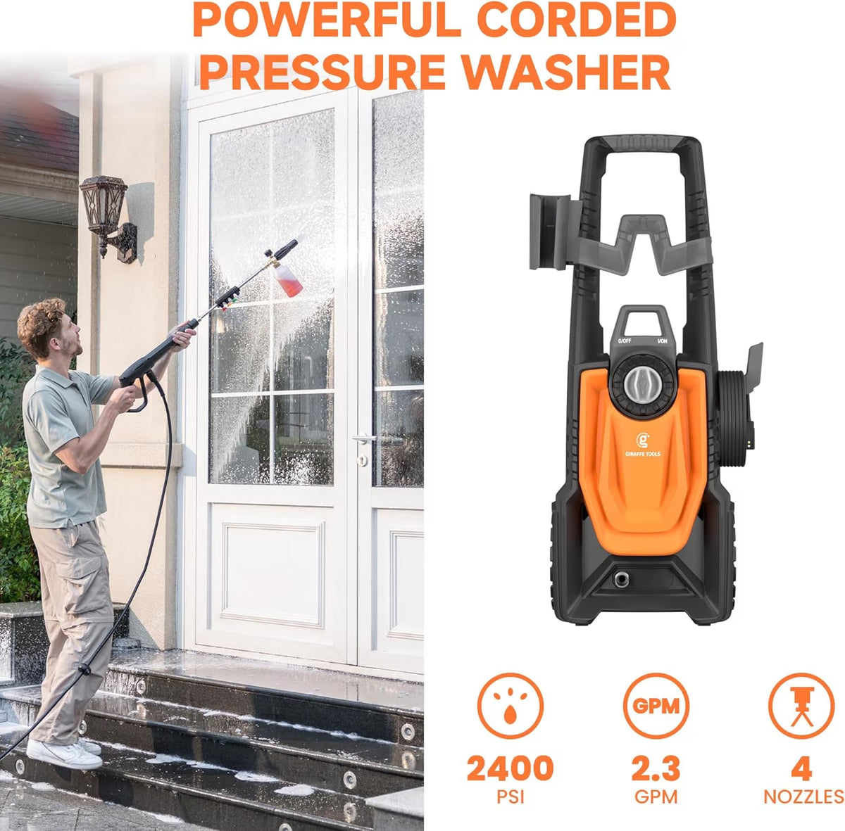 Giraffe Tools - Electric High Pressure Washer, Max 2400 PSI, 2.3 GPM Power Washer Portable, 20+32 Ft