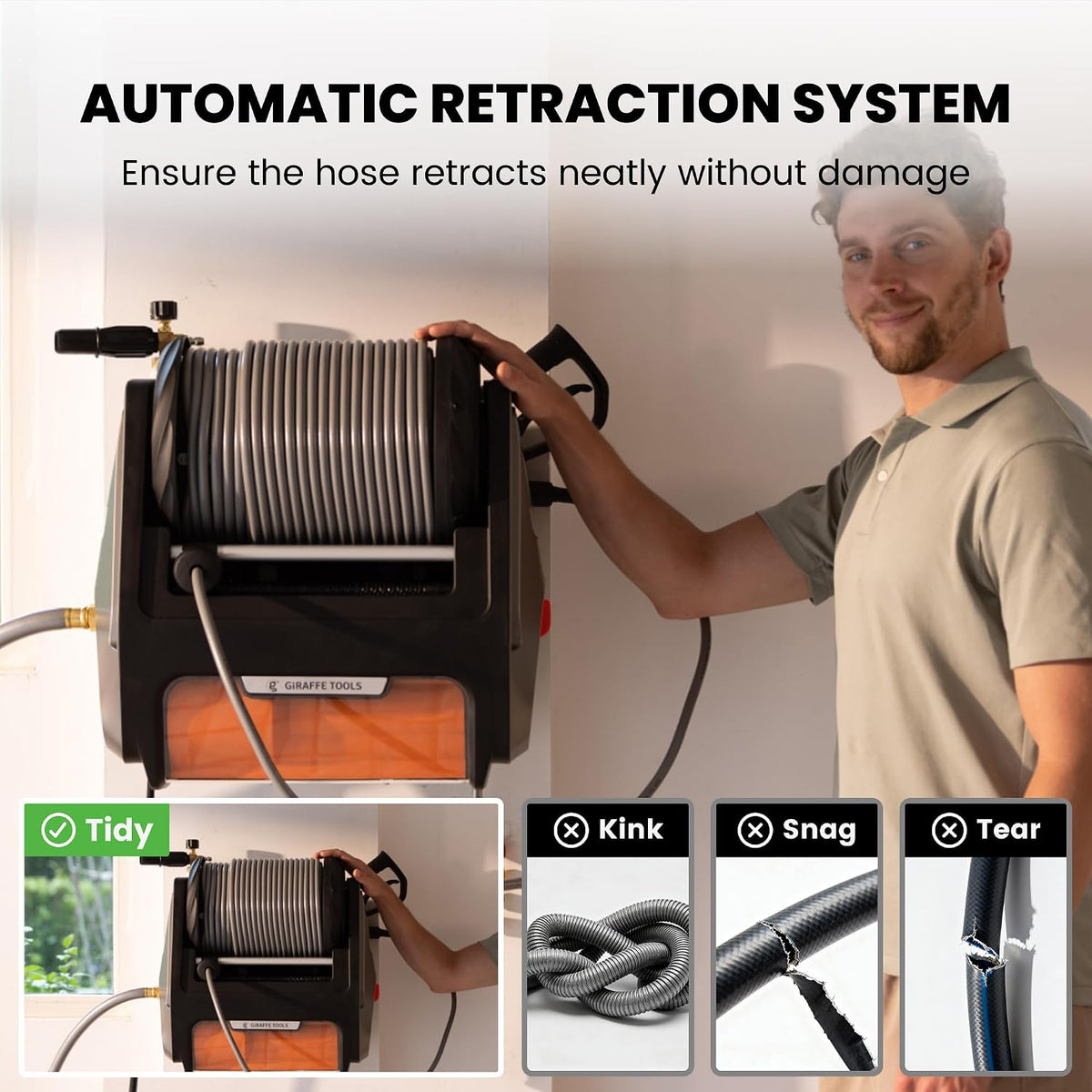 Giraffe Tools - Retractable Wall Mount Pressure Washer Pro with 100FT Hoses