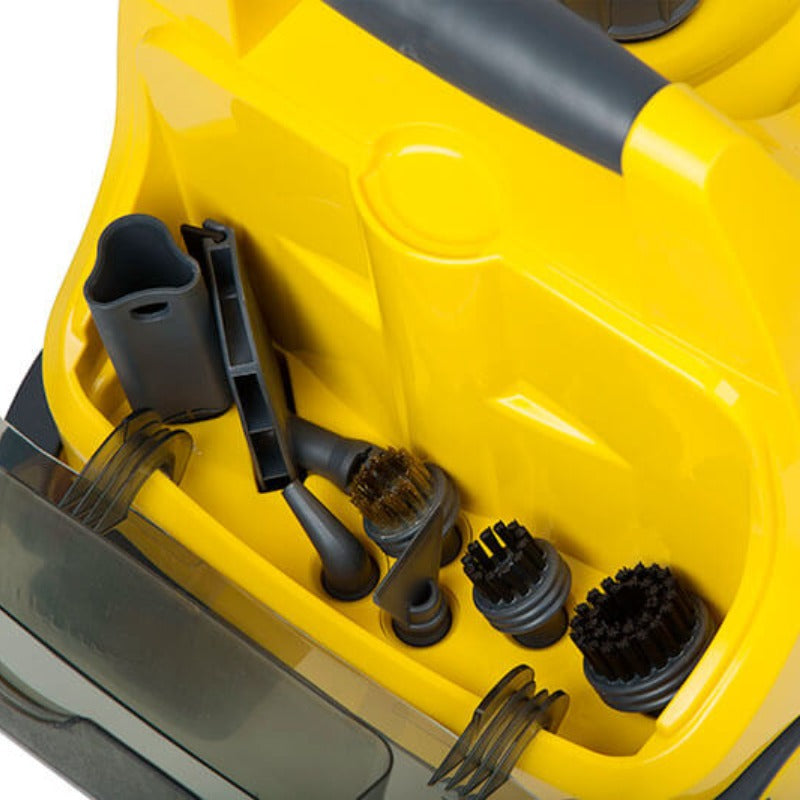 Vapamore MR-100 Primo Steam Cleaner onboard accessory storage with nylon and brass brushes